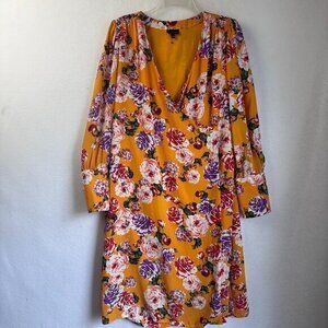 Who What‎ Wear Womens Wrap Dress Above Knee Yellow Floral Long Puff Sleeve M